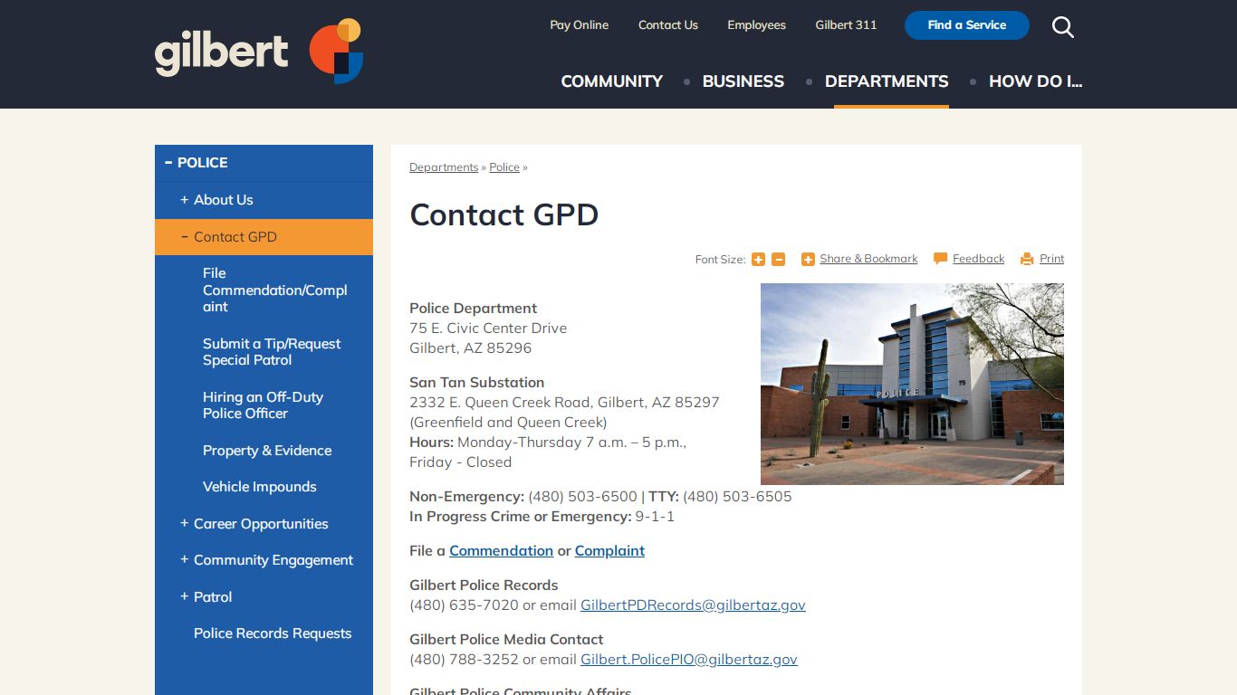 Contact GPD | Town of Gilbert, Arizona