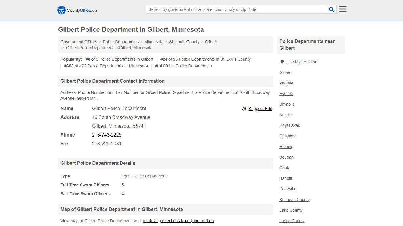 Gilbert Police Department - Gilbert, MN (Address, Phone, and Fax)